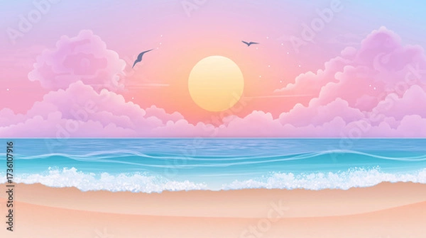 Fototapeta Cute cartoon vector illustration in flat style of Sandy beach with shells, starfish,straw hat , Landscape and rising sun in the sky with soft pastel colors summer dawn.