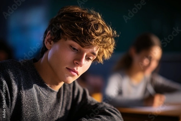 Fototapeta Teen Boy in Classroom Exhibiting Nervousness While Studying During a School Day