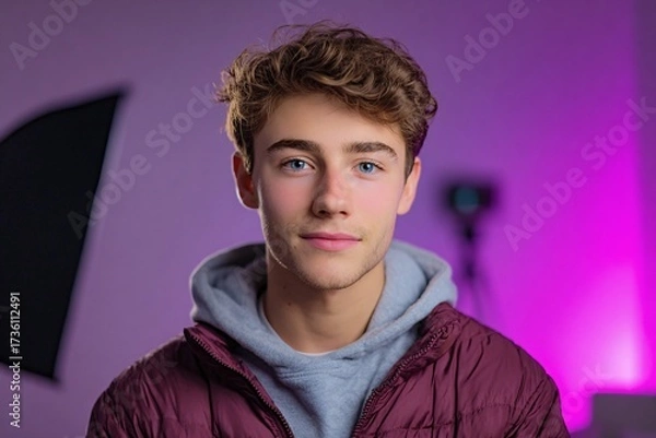 Fototapeta Young Male Youtuber Filming Video in a Studio with Colorful Lighting