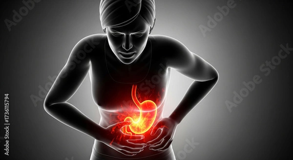 Fototapeta 3D medical illustration of a woman suffering from severe stomach pain, with a glowing red stomach highlighting an ulcer, gastritis, or indigestion on a dark background.