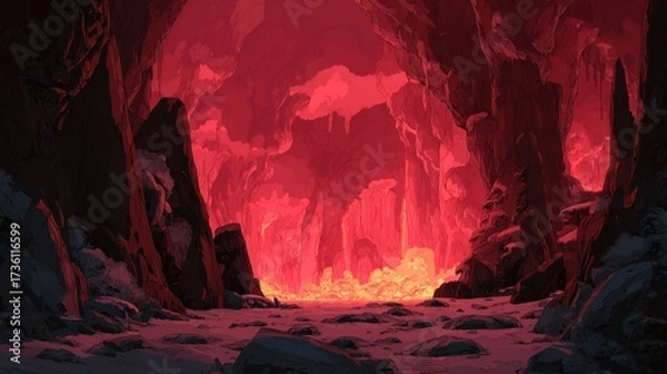 Fototapeta Fiery Cave with Red Glow and Shadows Illuminating Rocks and Boulders in a Dramatic Landscape