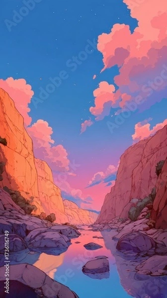 Fototapeta Serene Canyon Landscape at Dusk with Colorful Clouds and Reflections in Calm Water