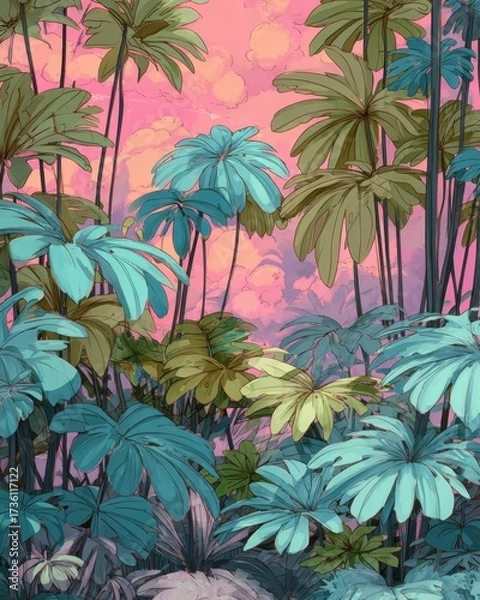 Fototapeta Vibrant Tropical Foliage with Colorful Background and Artistic Style in Pastel Shades