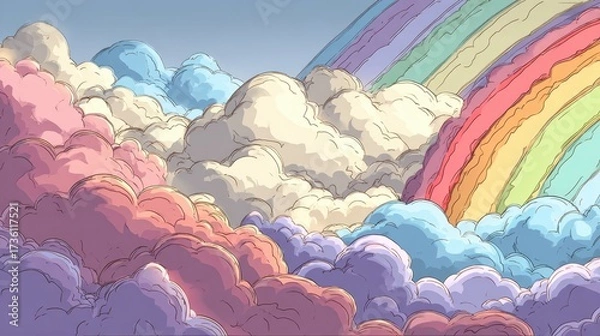 Fototapeta Colorful Clouds and Rainbow in a Dreamy Sky with Pastel Hues and Soft Textures