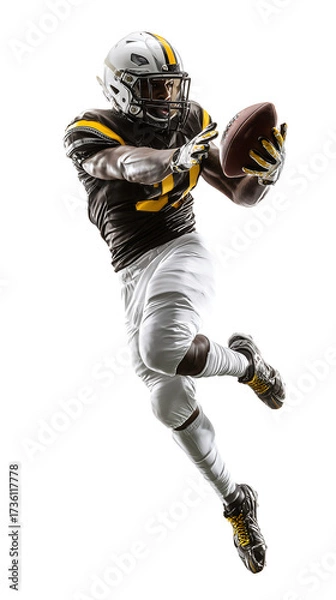 Fototapeta American Football Player Leaping Mid-Air to Catch Ball Isolated on Transparent Background