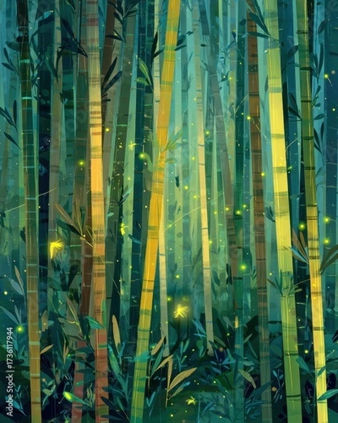Fototapeta Enchanted Bamboo Forest with Glowing Light Effect and Lush Greenery at Twilight