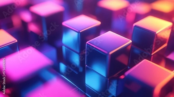 Fototapeta Abstract glowing neon cubes reflecting futuristic digital background