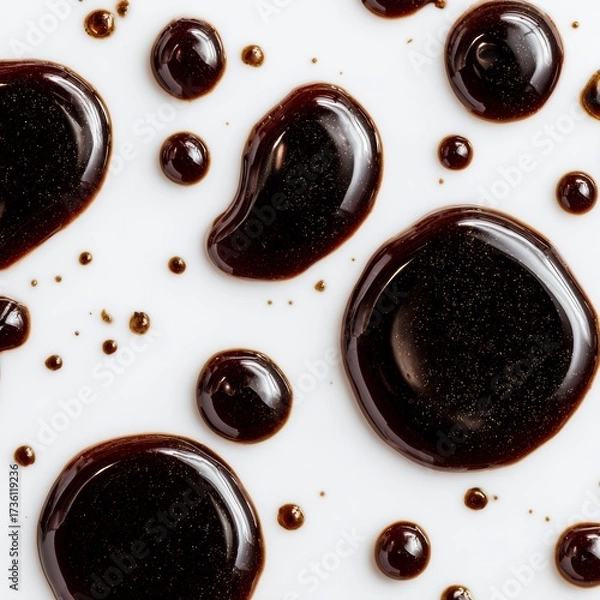 Fototapeta Close-up shot of scattered dark liquid drops forming various shapes and sizes. Reflective surface of droplets showcase the light