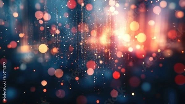 Fototapeta Flickering golden light particles and bokeh dots creating festive background
