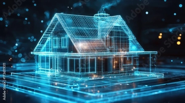 Fototapeta Smart home system architecture blueprint wireframe model