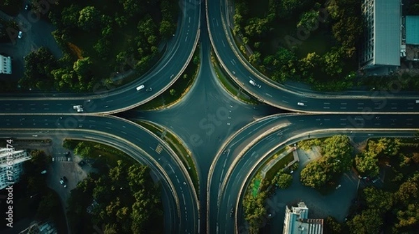 Fototapeta Urban highway intersection infrastructure with circulating traffic