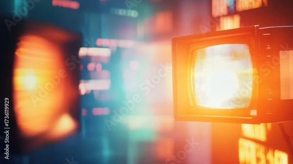 Fototapeta Retro old monitor displaying bright glowing screen