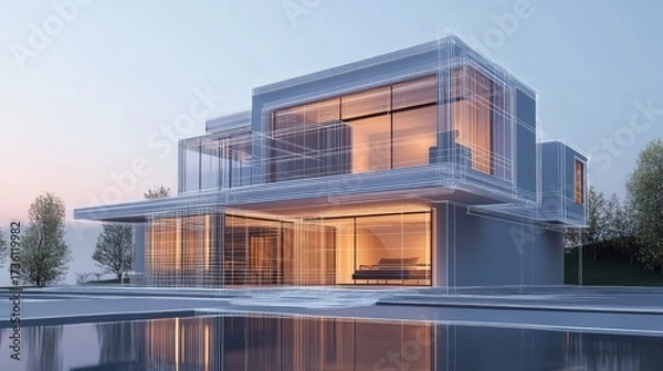Fototapeta Modern house wireframe rendering illustrating architectural blueprint design