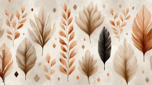 Fototapeta 
Seamless boho pattern of stylized leaf and feather shapes, representing abstract nature in warm earth tone for a bohemian design