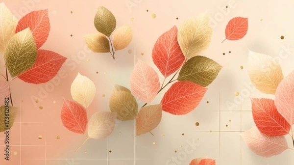 Fototapeta Bright seamless pattern with minimalist style leaf and gold elements, representing a soft and elegant autumn or fall season