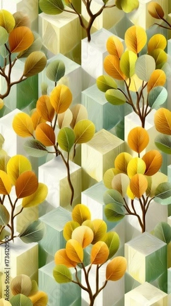 Fototapeta Elegant and modern seamless pattern with stylized tree branch and geometric cube, representing the fusion of nature and abstract design