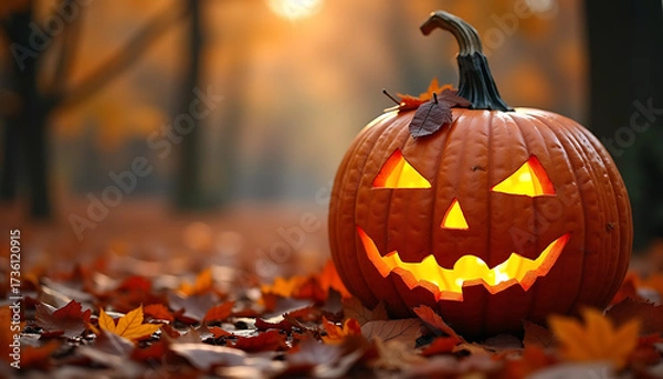 Obraz Jack-o'-lanterns glowing in the dark with fog and eerie lighting