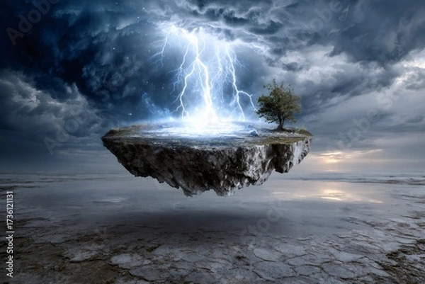 Obraz Floating island receiving powerful lightning strike during storm