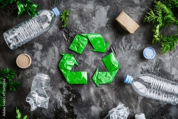 Obraz Green recycling symbol with plastic waste and plants