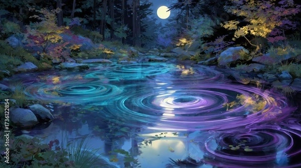 Fototapeta Serene Night Reflection with Colorful Ripples and Moonlit Forest Surroundings