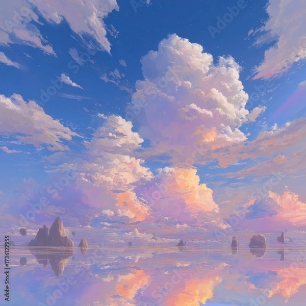 Fototapeta Serene Sunset Reflection Over Calm Waters with Vibrant Clouds and Rock Formations