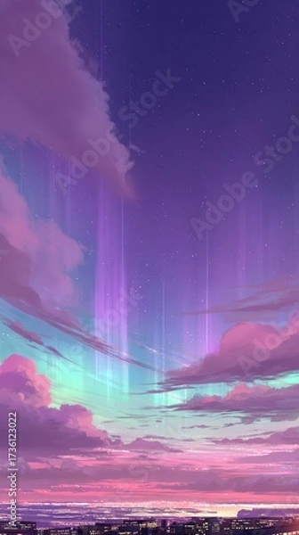 Fototapeta Enchanting Night Sky with Aurora Colors Over Cityscape at Dusk, Stars and Clouds Intertwined