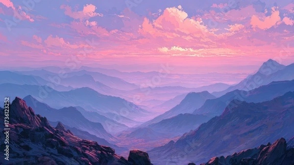 Fototapeta Serene Landscape of Rolling Mountains Under Soft Pink and Purple Sky at Dusk