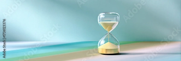 Fototapeta Glass hourglass with flowing sand on a colorful surface, showcasing the passage of time in a serene and artistic setting, emphasizing tranquility and reflection