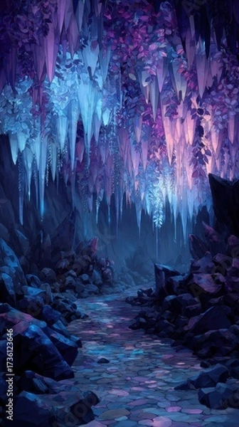 Fototapeta Enchanted Cave with Glowing Crystals and Vivid Colors Under Magical Lighting