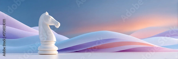 Fototapeta White chess piece, a knight, stands prominently against a soft gradient background of flowing pastel waves, symbolizing strategy and intellectual challenge in a serene environment