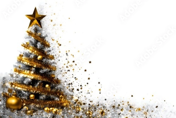 Obraz Christmas tree decorated with gold tinsel and glittering stars