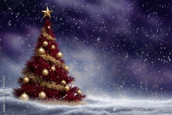 Obraz Decorated christmas tree standing in a snowy night