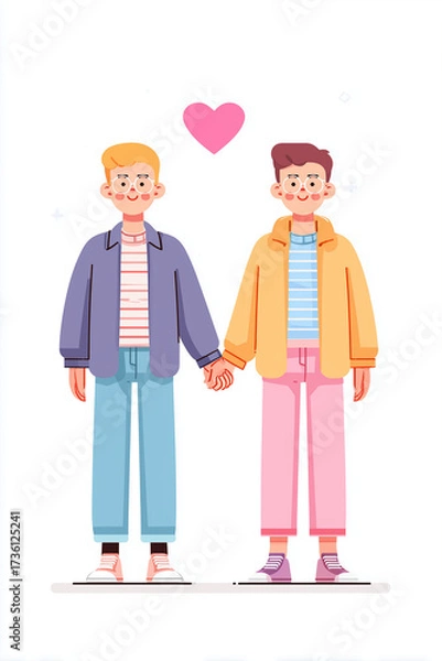 Fototapeta Cute cartoon illustration of two men holding hands with a floating pink heart above them