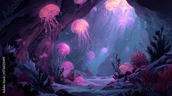 Fototapeta Enchanted Underwater Cave with Glowing Jellyfish and Vibrant Coral Reef in Dreamy Colors
