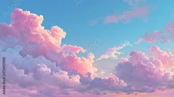 Fototapeta Serene Pink Clouds at Dusk with Soft Blue Sky and Golden Light Glowing in the Background
