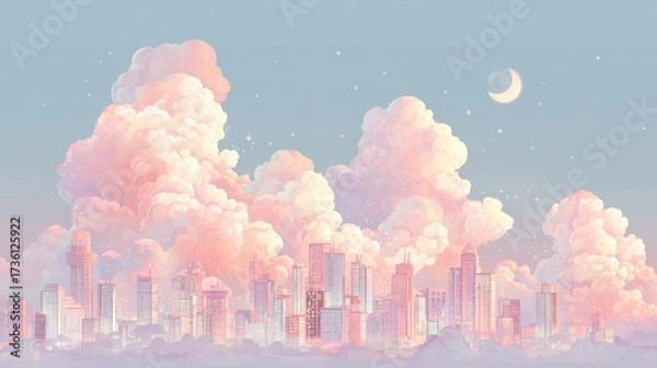 Fototapeta A Beautiful Sunset City Skyline with Soft Clouds and a Crescent Moon Above the Horizon