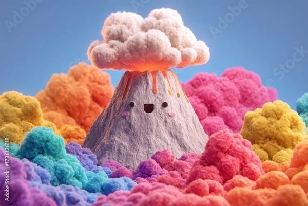 Fototapeta Playful Cartoon Volcano Erupting with Colorful Clouds and Smiling Face in a Whimsical Landscape