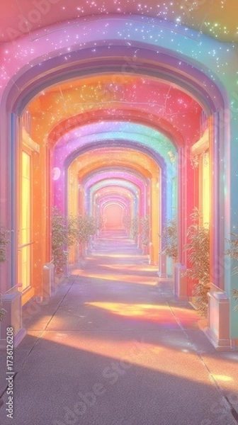 Fototapeta Colorful and Dreamy Hallway with Sparkling Lights and Vibrant Arches in Soft Pastels