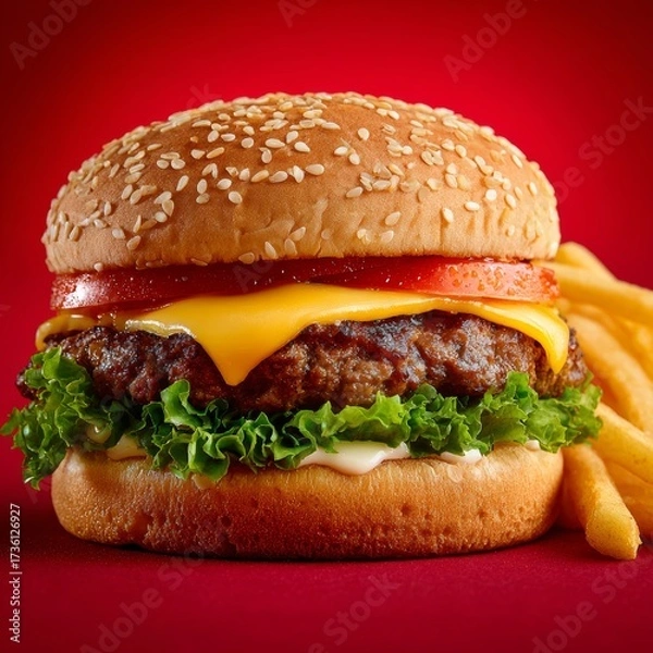 Fototapeta A delicious burger with toppings, sesame seed bun and French fries on red background
