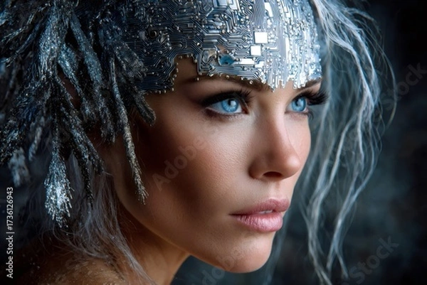 Obraz Woman with circuit board headpiece representing artificial intelligence