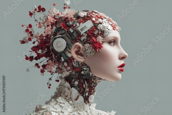 Obraz Humanoid cyborg woman with natural flowers and circuit board elements