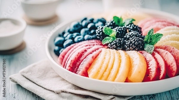 Fototapeta Healthy Snack for Children Colorful Fresh Fruit Plate with Blackberries and Blueberries on a Rustic Table Colorful Children Food Ideas