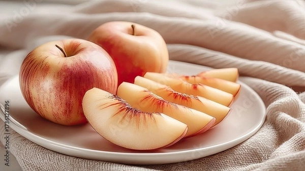 Fototapeta Healthy Snack for Children Fresh Red Apples and Slices on a Plate with Soft Fabric Background Colorful Children Food Ideas