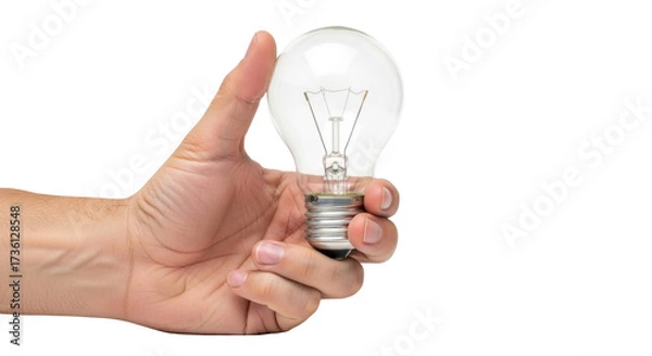 Fototapeta Isolated human hand holding a light bulb, idea concept for problem solving solutions