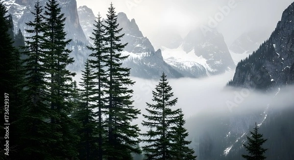 Obraz Misty Mountain Valley with Pine Trees.