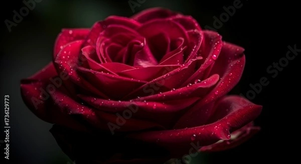 Obraz Deep Red Rose with Dew Drops on Black Background.