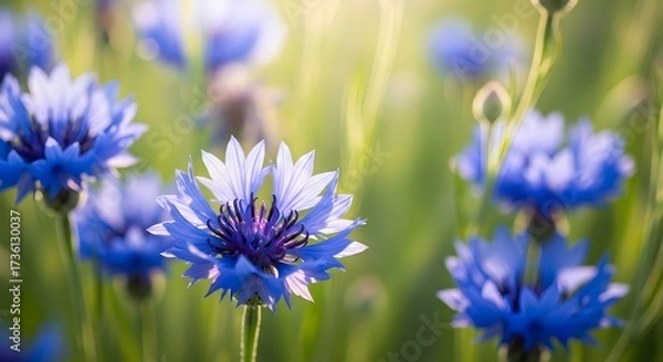 Fototapeta Field of Blue Cornflowers Bathed in Sunlight.