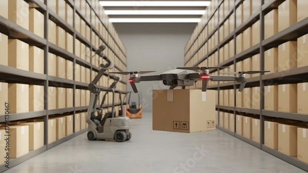 Fototapeta Autonomous drone delivery concept. A modern quadcopter drone carrying a cardboard box package for logistics and e-commerce. Technology of future transportation and supply chain automation.