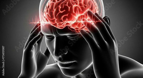 Fototapeta Medical 3D illustration of a man suffering from a severe headache or migraine, with a glowing red brain indicating intense pain and neurological stress on a dark background.
