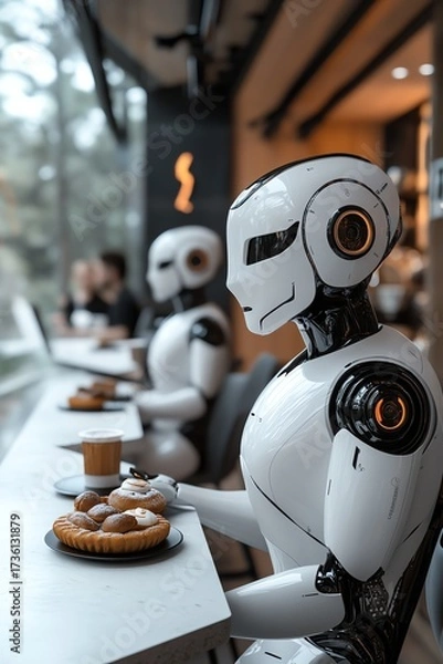 Fototapeta Futuristic AI robots serving customers in a modern cafe